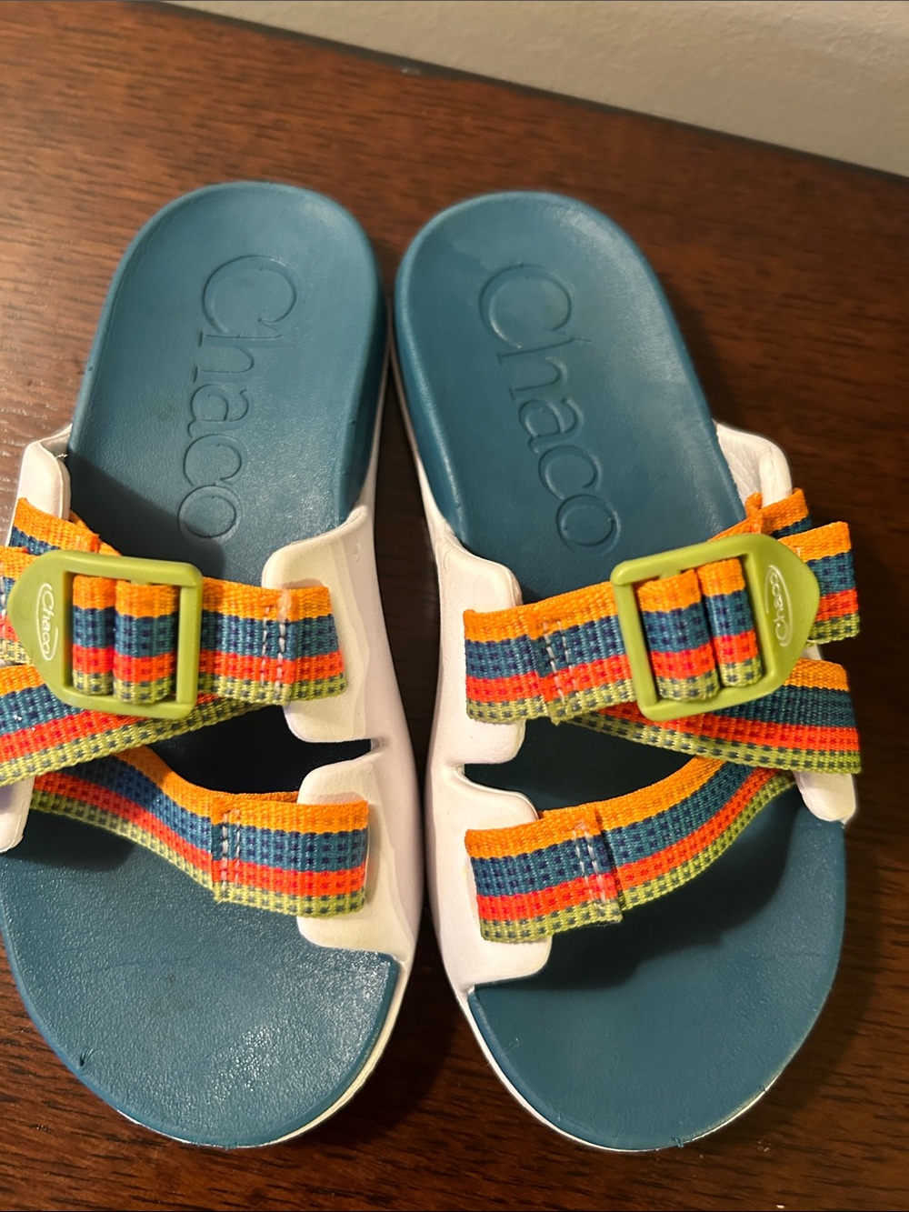 Chaco Kids Blue Slide Sandals with Multicolor Straps